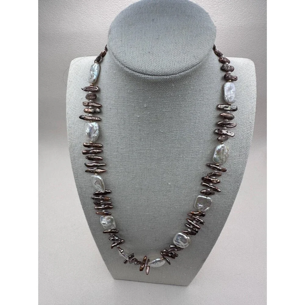 Handmade Freshwater Pearl Necklace: Biwa Stick and Square White Pearls